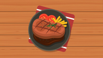 Delicious grilled steak dinner with french fries and tomatoes served on a dark plate with a red striped napkin on a wooden table, top view illustration