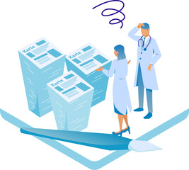 紙カルテの大量作業に困る医師とスタッフのアイソメイラスト