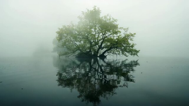 Revealing broadleaf tree clarifying with fog lifting, reflection, left silhouette and lens droplets