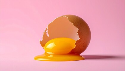 Two brown eggs on a pink surface—one whole, one cracked open with yolk spilling out.