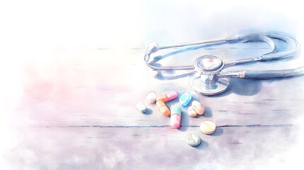 Gentle watercolor healthcare illustration of pills stethoscope on wood table medical awareness concept
