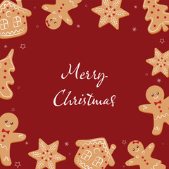 Merry Christmas banner, cards or background, design template. Homemade gingerbread man cookie theme concept, holiday fair and sale. Vector illustration.