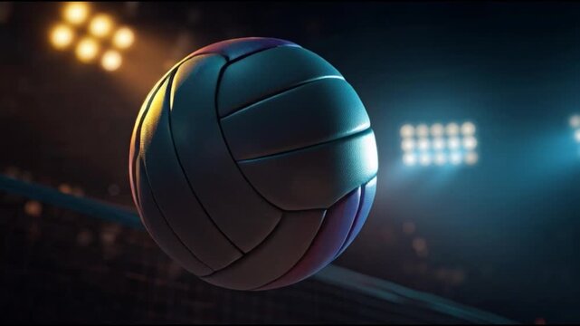 Volleyball video of a close-up shot of a volleyball in a stadium with bright lights shining down, suitable for sports-related content with a dark and dramatic mood.