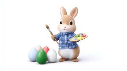 Fototapeta premium Adorable Bunny Painting Colorful Eggs for Easter Celebration in a Joyful and Playful Scene with Art Supplies and Soft Colors