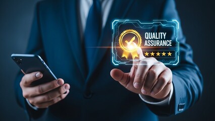 Quality assurance concept presented with digital screen and mobile phone