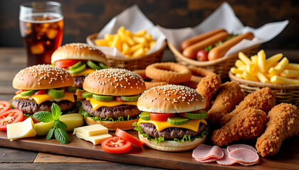 Fast Food Feast With Burgers Fries and Fried Chicken