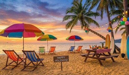beach chairs and umbrellas happy holiday. AI