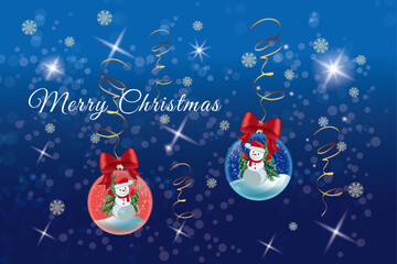 Christmas greeting card with two glass ornaments containing cheerful snowmen. Blue festive background with snowflakes, sparkles, light flares and golden curling ribbons. and  “Merry Christmas"
