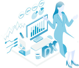 医療DXのデータを分析する女性医師のアイソメイラスト(Color variation)