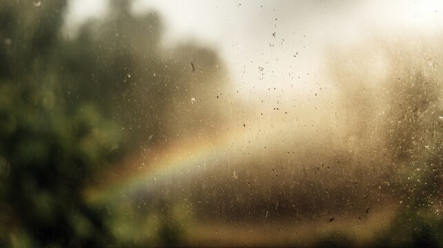 Soft rainbow through rain speckled window glass, muted sunlight and blurred garden background creating dreamy warm atmosphere