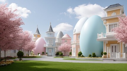 Obraz premium Colorful and whimsical houses in a magical landscape with pastel-hued structures, cherry blossom trees, and a serene blue sky