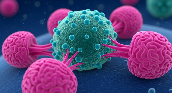 Close-up of green spherical body with blue protrusions surrounded by pink brain-shaped objects on blue surface, depicting cellular interaction