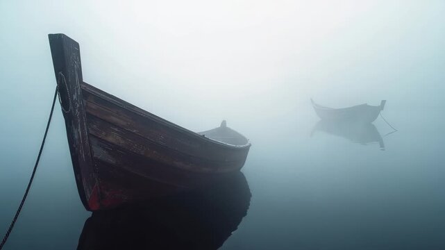 Thinning fog revealing rowboat left second boat emerging right, calm lake, mooring rope, copy space