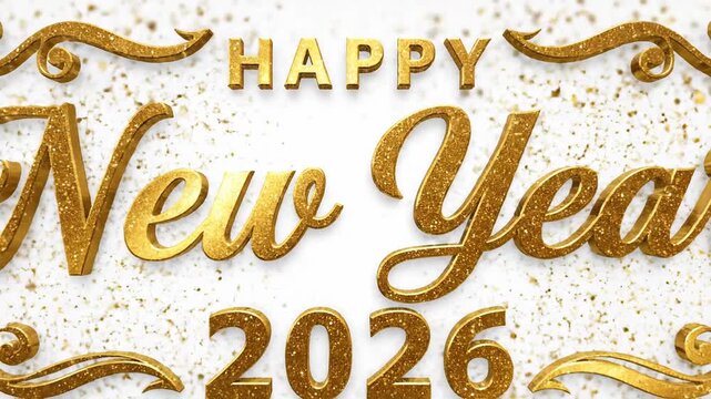 Elegant happy new year 2026 greeting with gold lettering and glitter