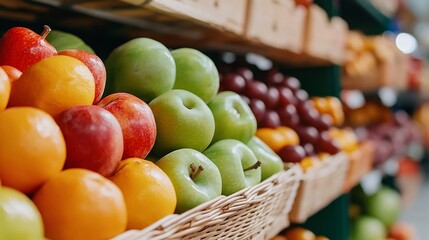 Fresh Fruit Abundance Vibrant Apples Oranges and Grapes in Wicker Basket Display.
