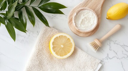 Fresh Lemon and Natural Skincare Still Life on Marble Surface.