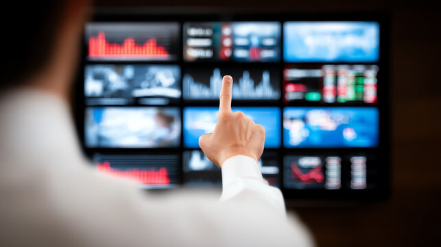 Business professional analyzing data trends on multiple screens, focusing on statistics and financial performance metrics. - Powered by Adobe