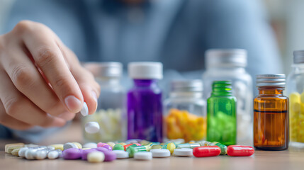 Close-up of a hand selecting a pill from an array of colorful capsules and bottles, highlighting health and wellness.
