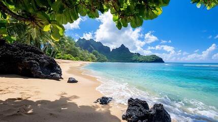 Hanalei Bays Tranquil Shore Turquoise Waters Volcanic Rocks and Lush Greenery.