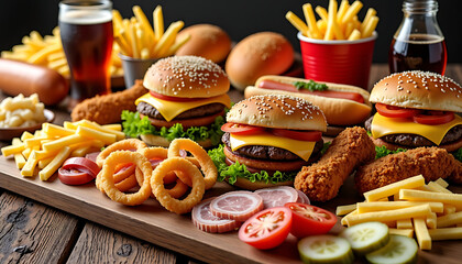 Fast Food Feast With Burgers Fries and Fried Chicken