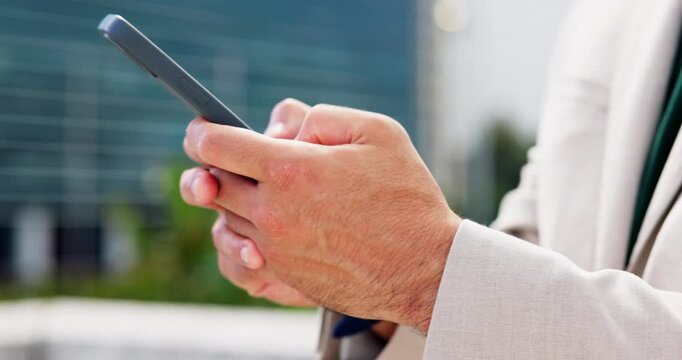 Hands, typing and employee with smartphone, city or communication for real estate update on website. Outdoor, realtor and person with mobile for chat, texting and networking with contact for schedule