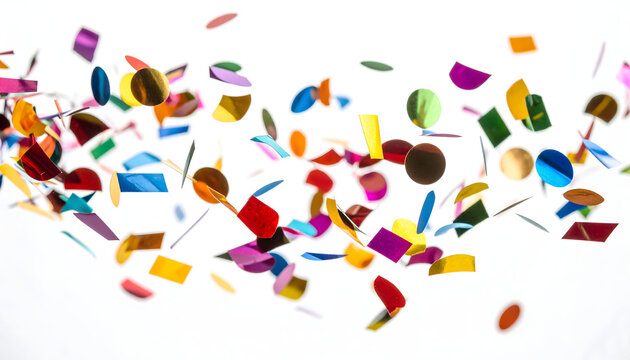 A vibrant explosion of colorful confetti dots and squares dancing in the air against a clean white background