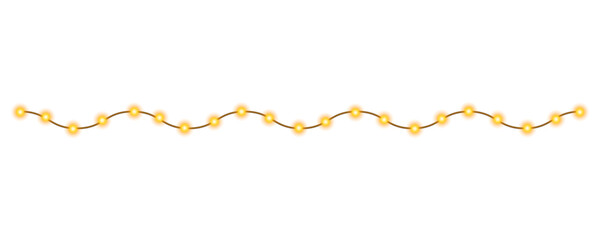 Wavy line of festive garland with bright yellow lights, highlighted on a transparent background. Shining festive decoration. Perfect for New Year's, Christmas, or other holiday designs. PNG. Vector