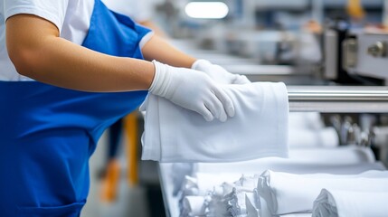 Laundry Worker Handling Freshly Cleaned Linens with Gloves in Industrial Setting.