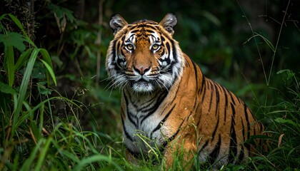 Obraz premium A beautiful striped sumatra tiger is a powerful wild feline predator in the jungle or zoo