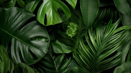 Lush Greenery A Tropical Symphony of Monstera Palm and Exotic Foliage.