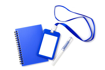 Blue plastic badge with book and pen isolated on white backgroun