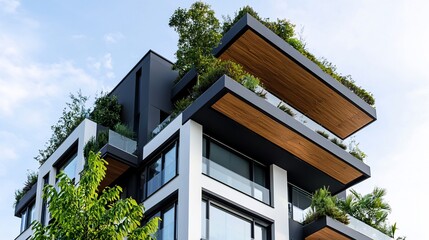 Modern Apartment Building with Green Roofs and Wood Accents Against a Blue Sky.