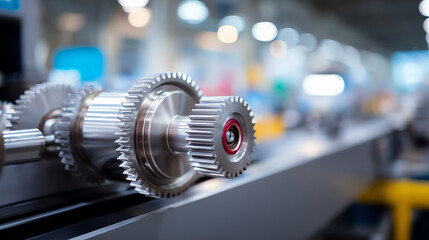Fototapeta premium Close-up of precision gears in a factory setting, showcasing machinery in a modern industrial environment.