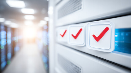 Close-up of server checks with green indicators, representing data reliability and efficiency in modern technology infrastructure.