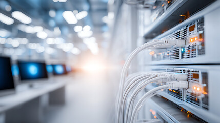 Close-up of server connections in a modern data center, showcasing technology and networking infrastructure.