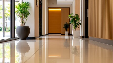 Modern Lobby Interior with Polished Floors and Green Plants Reflecting in the Light.
