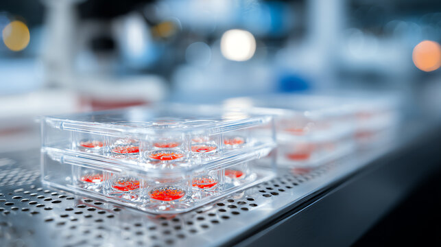 Close-up of petri dishes filled with red substances in a laboratory environment, showcasing advanced scientific research. - Powered by Adobe