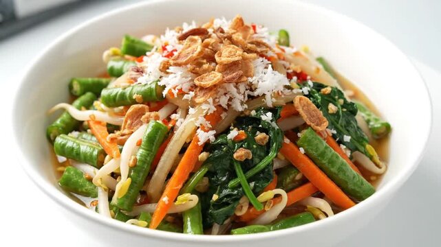 Urap Sayur, a traditional Indonesian salad with mixed vegetables, bean sprouts, long beans, and a spiced grated coconut dressing served in a white bowl