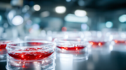 Close-up view of petri dishes filled with red liquid in a modern laboratory setting, showcasing scientific research and experimentation.