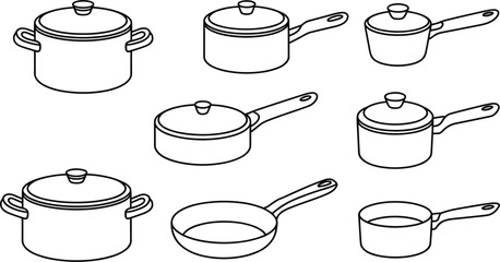 Obraz premium Collection of outline drawings of various cooking pots and pans on a white background kitchen cookware