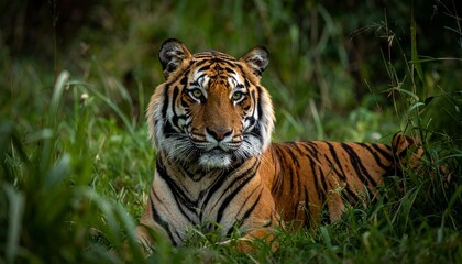 Obraz premium A beautiful striped sumatra tiger is a powerful wild feline predator in the jungle or zoo