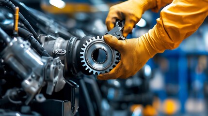 Precision Gear Assembly Gloved Hands Installing Component on Complex Machinery.