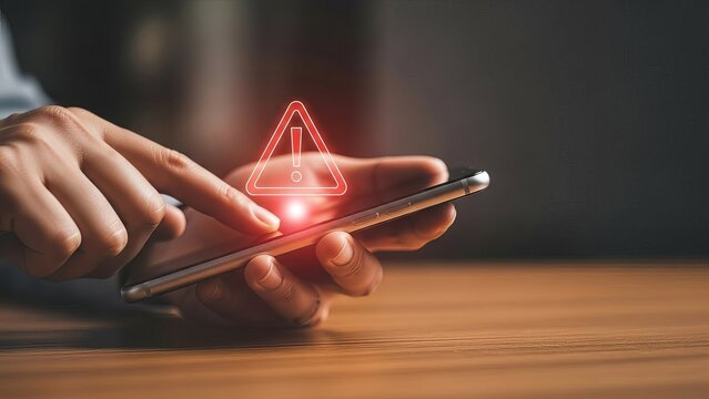 Security warning on smartphone screen held by person at home - Powered by Adobe