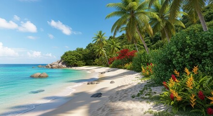 Fototapeta premium Idyllic tropical beach paradise with turquoise water and lush vegetation, perfect for escape