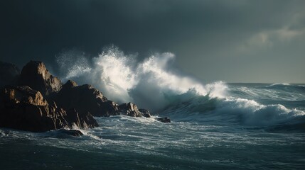 Powerful ocean waves crashing on rocks dramatic seascape