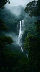 Majestic waterfall in tropical jungle mist, flowing water lush greenery