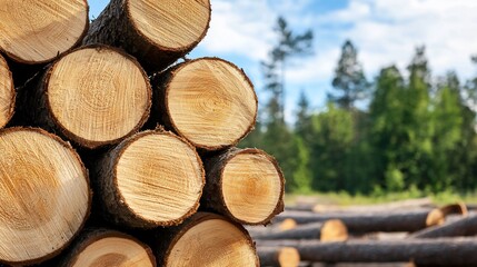 Stacked Timber Logs with Visible Growth Rings Against Forest Backdrop.