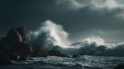 Powerful ocean waves crashing on rocks, dramatic seascape