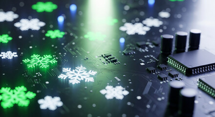 Image of a circuit board adorned with snowflakes, some glowing green. Represents technological innovation during winter season or holiday themes