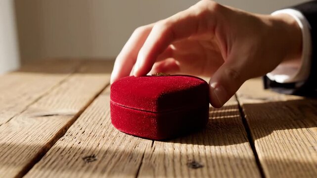 Close up of a man s hand placing a red velvet jewelry box on a rustic wooden surface Valentine s Day gifts